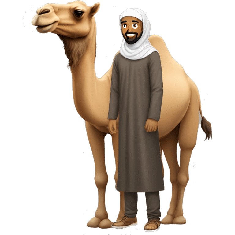 Brown Arab man with beard and hijab next to a camel emoji