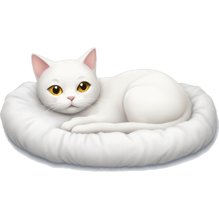 White cat who is laying down in their bed  emoji