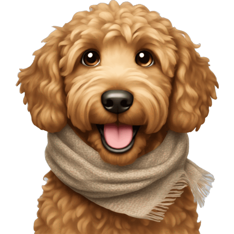 Brown golden doodle wearing a scarf smiling emoji