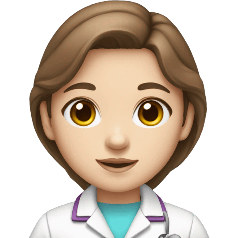 White young girl with brown hair and blue eyes wearing a rainbow pharmacist coat emoji