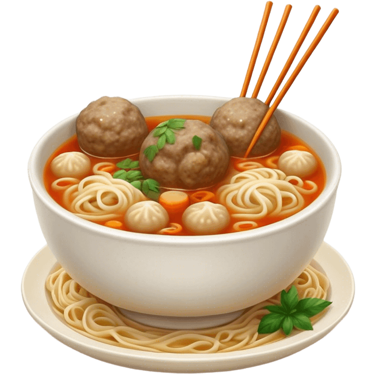 Cinematic Realistic Bakso Dish Emoji, showcasing savory meatball soup with noodles rendered with detailed textures and warm, inviting lighting. emoji