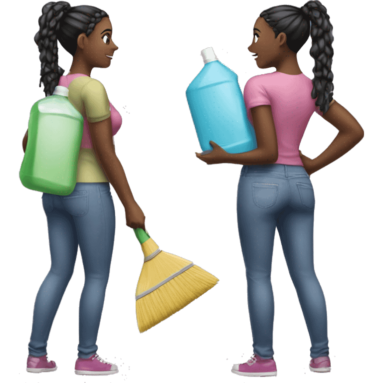 two black girls with braids in a ponytail standing showing entire body, standing back to back holding cleaning supplies  emoji