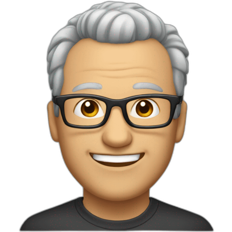 an man with grey hair and a receding hairline, and a tuft of hair on the top. He is wearing glasses, the glasses frames are black and he is smiling emoji