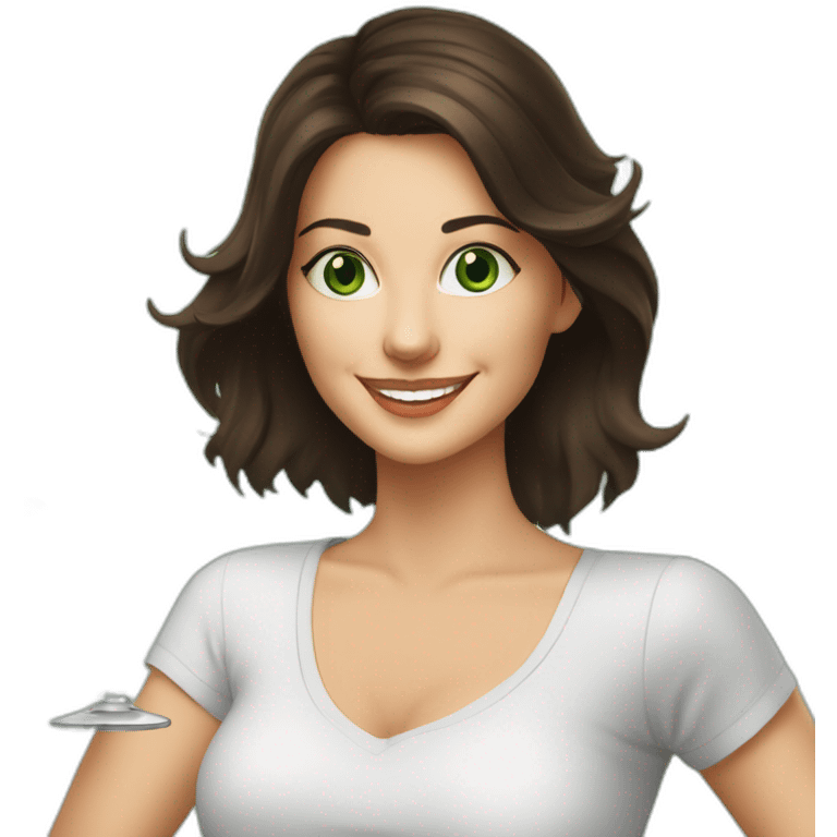 brunette woman holding fernet branca glass smiling green eyes big white t-shirt emoji