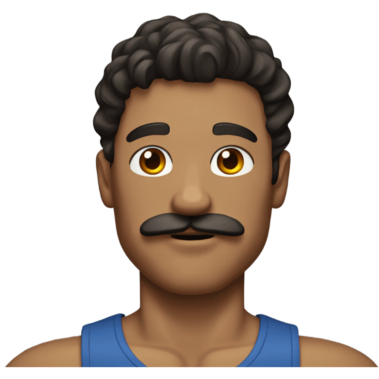 Man with wavy dark brown hair, a mustache and muscles emoji