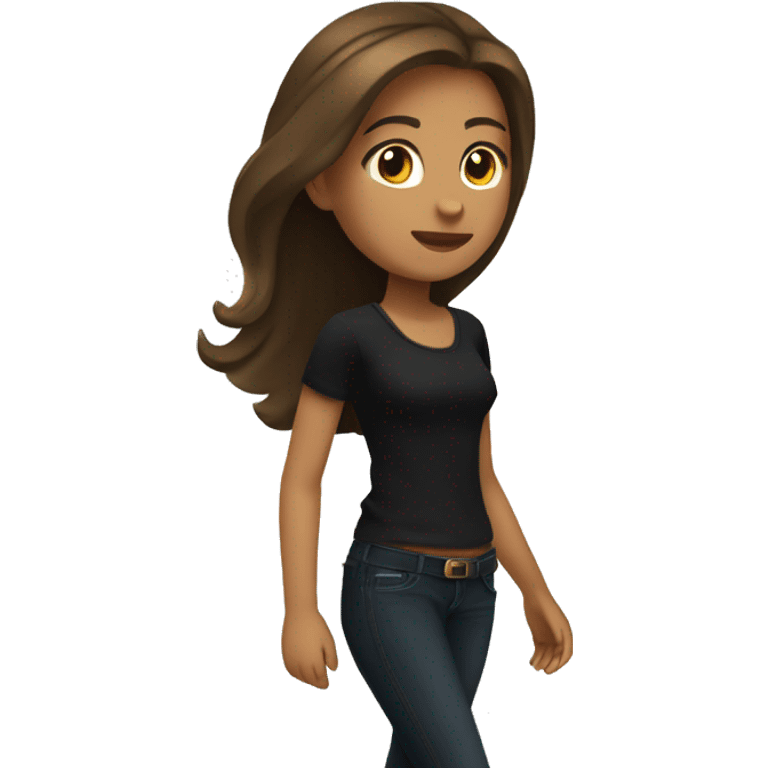 A girl with shoulder-length brown hair in black jeans and a black blouse is walking to the right emoji