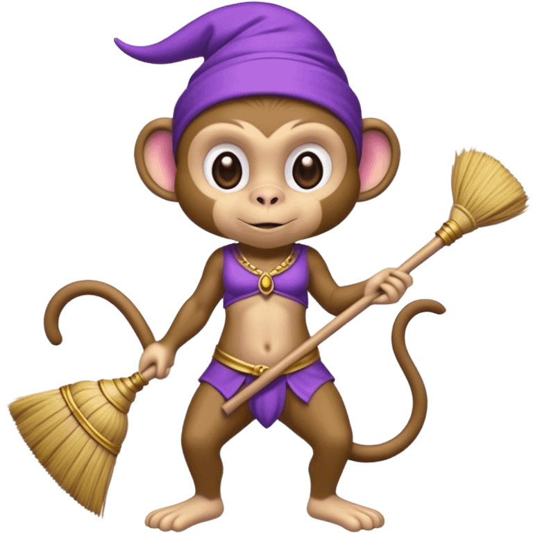 genie monkey, purple attire, holding broom emoji