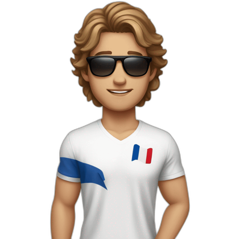 A young fit man with a white shirt and sunglasses on his hair with brown hair and a French flag in his hand emoji