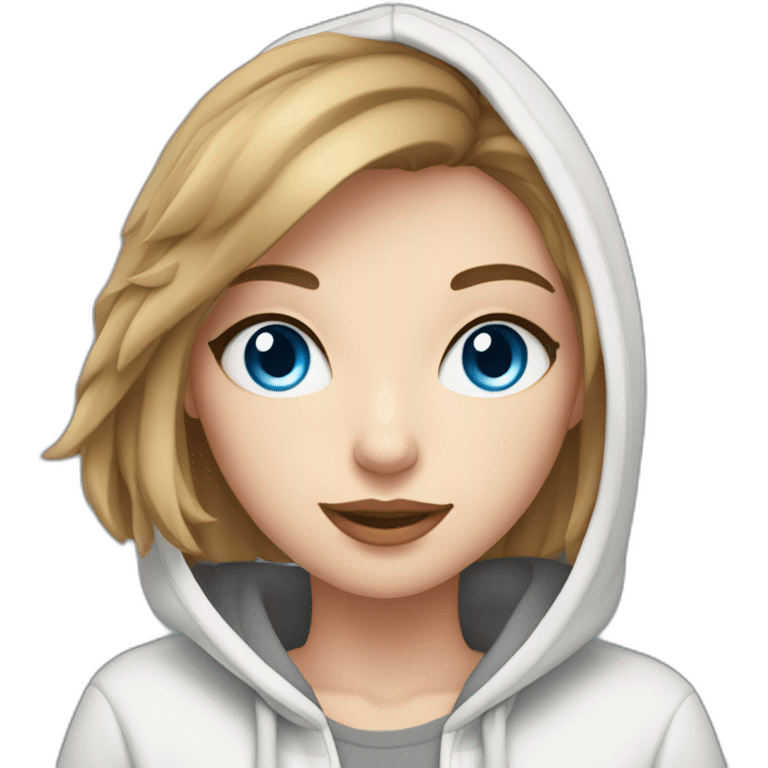 beautiful girl with computer,blue eyes,beautiful girl with short hair with computer,blue eyes,white skin, makeup, hoodie,short light-brown hair,code in background emoji