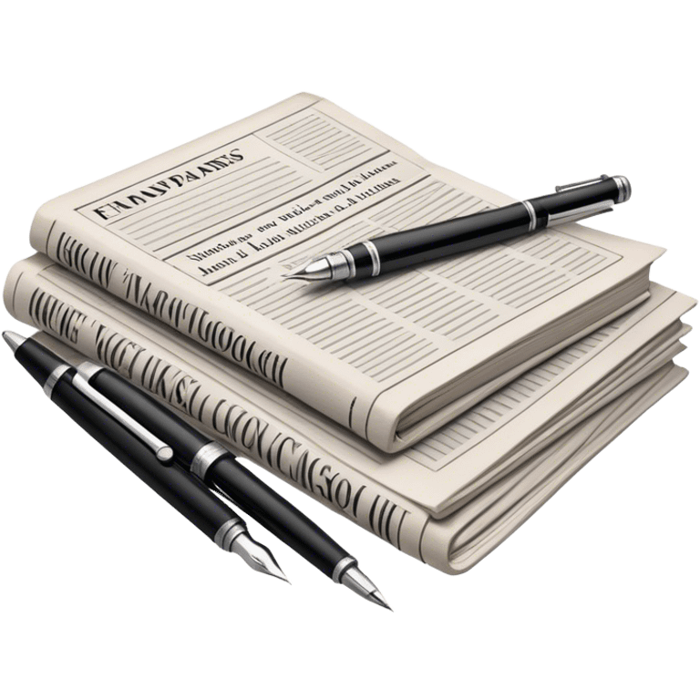 Create an emoji representing journalism and publicistic writing. The design should feature a stack of newspapers, an open notebook with visible text, and a single fountain pen placed near the notebook, symbolizing the act of writing. Use neutral, professional colors like black, white, and muted tones to convey a sense of seriousness and intellect. Do not include any emojis or smiley faces. Make the background transparent. emoji