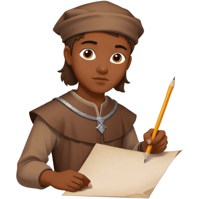 smart young medieval painter apprentice whit brown tunic drawing paper and pencil emoji