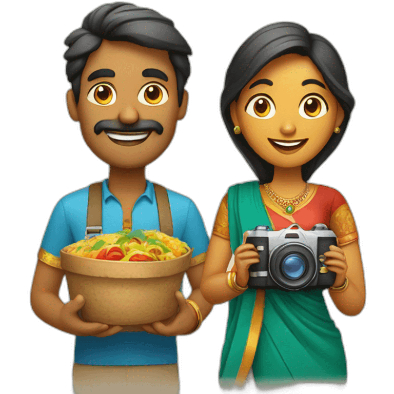 Indian man and woman with camera in one hand and food in other hand, happy smiling emoji