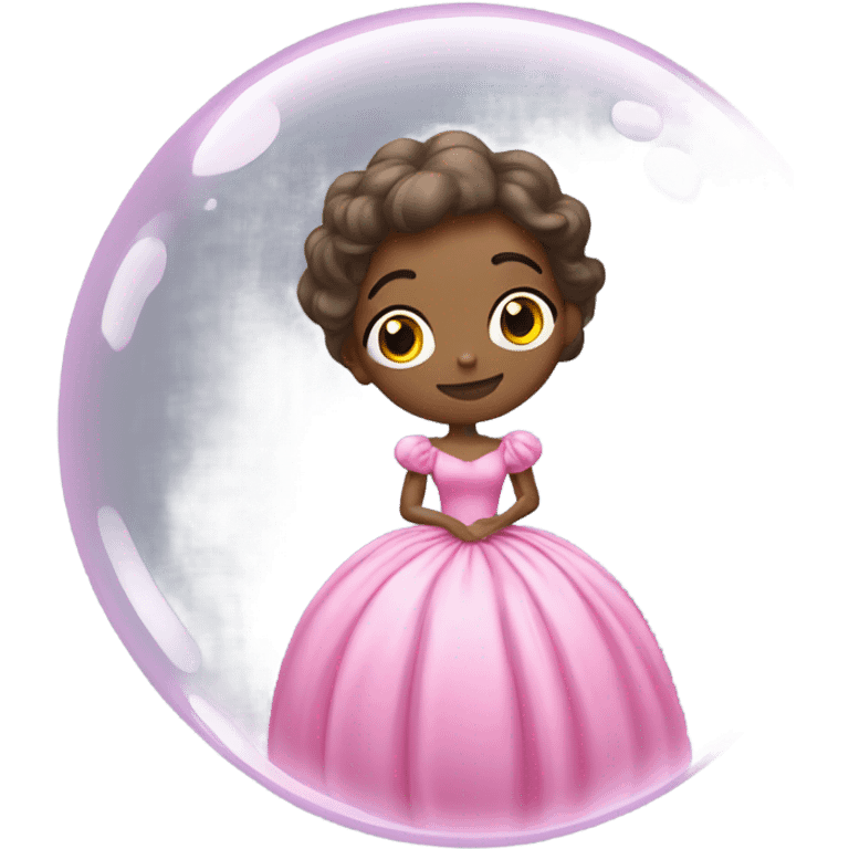 A good wearing a pink ball gown in a floating bubble emoji