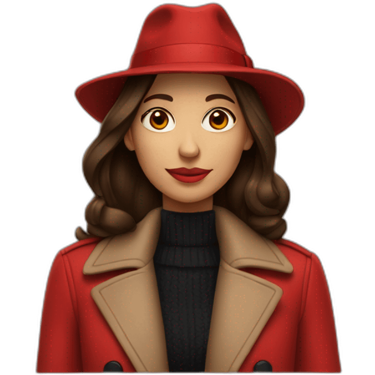 Brunette wearing red over coat and red fedora emoji