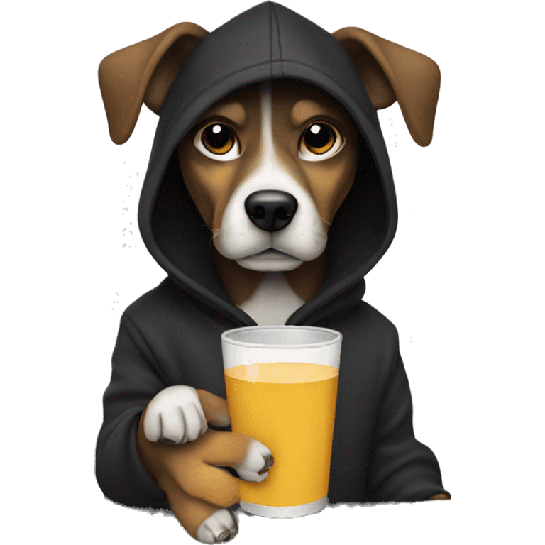 Dog wearing a black hoodie holding a cup and a tequila bottle emoji