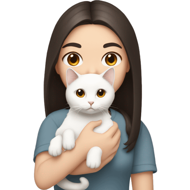 A pale girl with dark brown hair and dark brown eyes holds a white cat in her hands emoji