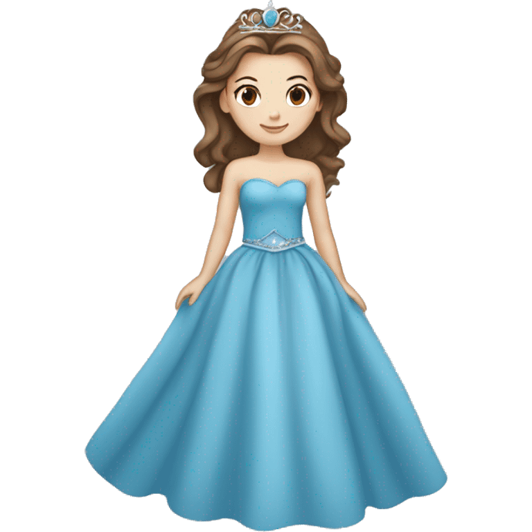 White girl princess with brown hair, brown eyes, and a blue dress add tiara emoji