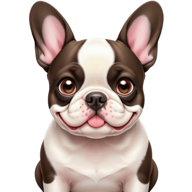 Cinematic Cute Pied French Bulldog Portrait Emoji, Head tilted with a sweet, mischievous grin and large, inviting eyes, featuring a unique pied fur of contrasting colors, simplified yet irresistibly endearing, highly detailed, glowing with a warm, playful radiance, high shine, exuding a quirky charm and affectionate personality, styled with a soft, lighthearted outline, capturing the essence of a cute Pied French Bulldog that looks ready to charm its way into your heart! emoji