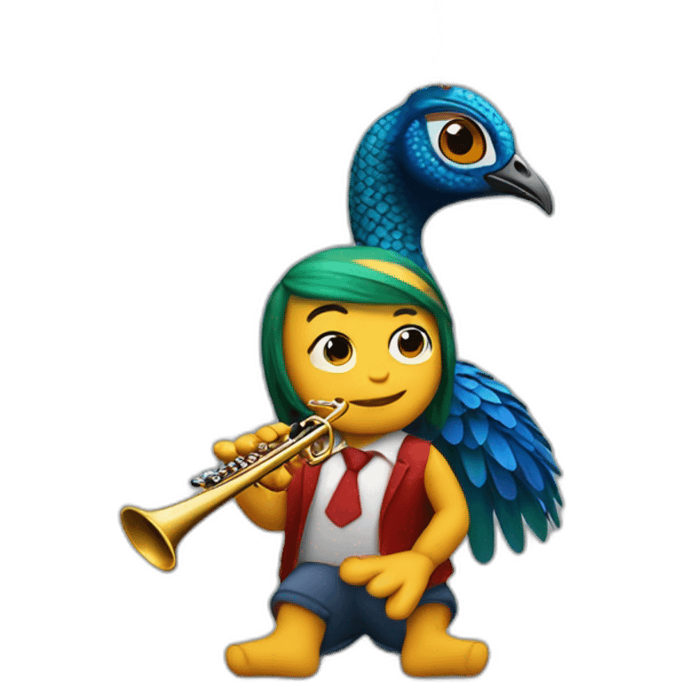 a red peacock playing clarinet with Jenifer loppes emoji