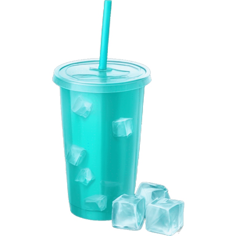 Realistic plastic cup and lid with Transluscent turquoise and large ice cubes inside and one straw through the top of the lid. emoji