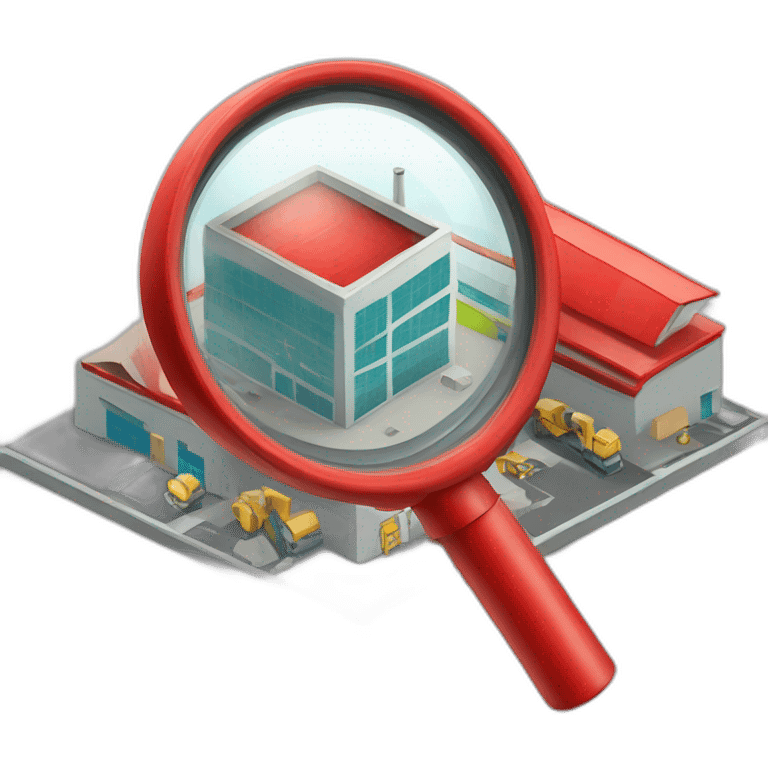 red magnifying glass looking at a factory emoji