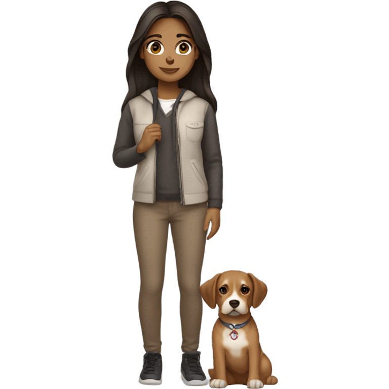 Medium skin tone girl brown eyes straight dark hair middle part holding dog emoji