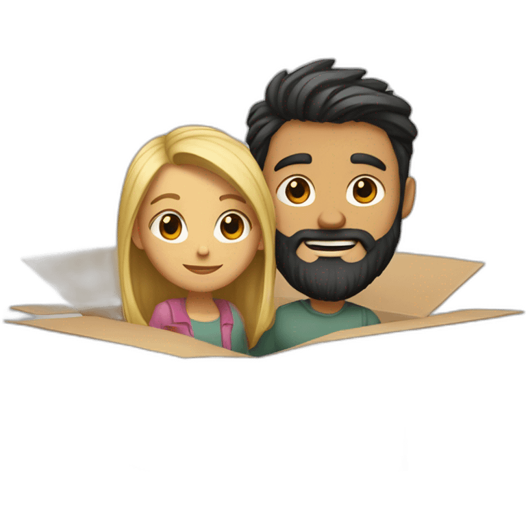 Dark hair girl and blond bearded guy in moving box emoji