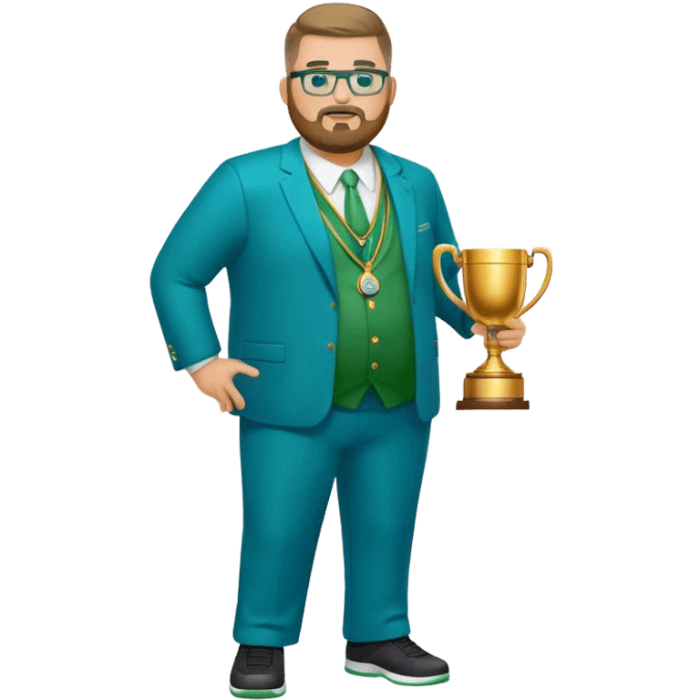 full body white obese male basketball coach with trophy. Goatee beard , Wearing glasses and blue and green suit emoji