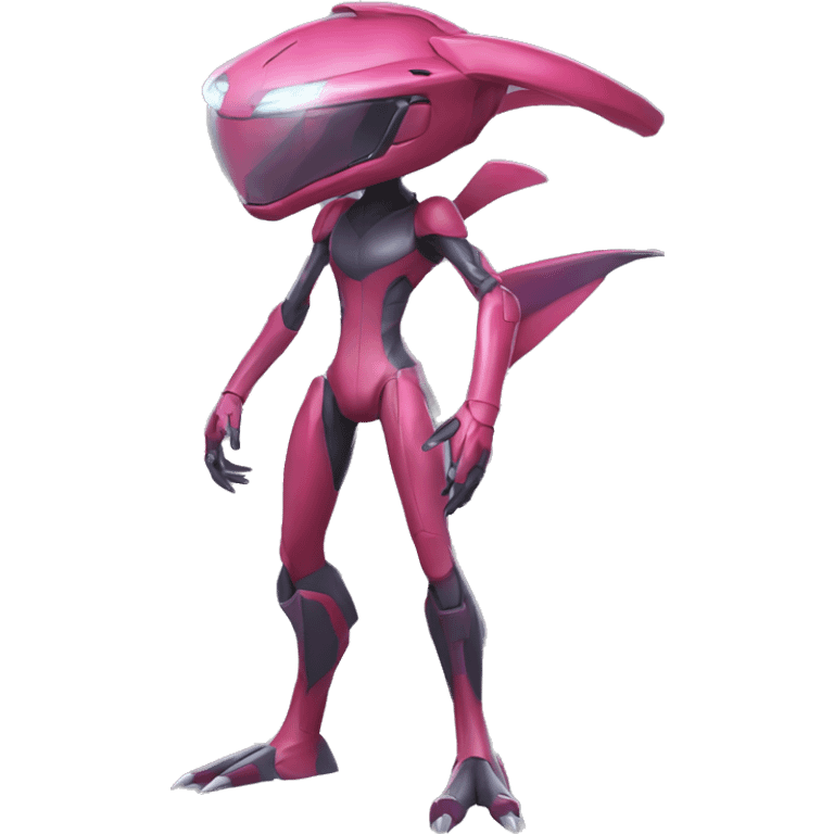 a shiny Genesect-Flygon-Raptor-Fakémon—hybrid with a futuristic visor-helmet full body emoji