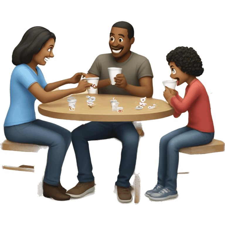 An emoji of a family—mother, father, and child—sitting at a table, playing a cup game with paper cups arranged on the table as they have fun together emoji