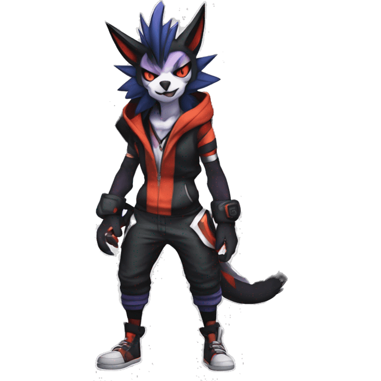 Cool Anthro Black Noivern-Absol-Litten-Pokémon with edgy stripes hoodie spiked collar punk Full Body emoji