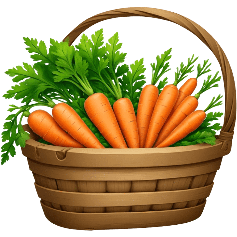 Cinematic vibrant orange carrot, crisp and fresh, slightly twisted with green leafy tops, arranged in a rustic wooden basket, natural and inviting. emoji