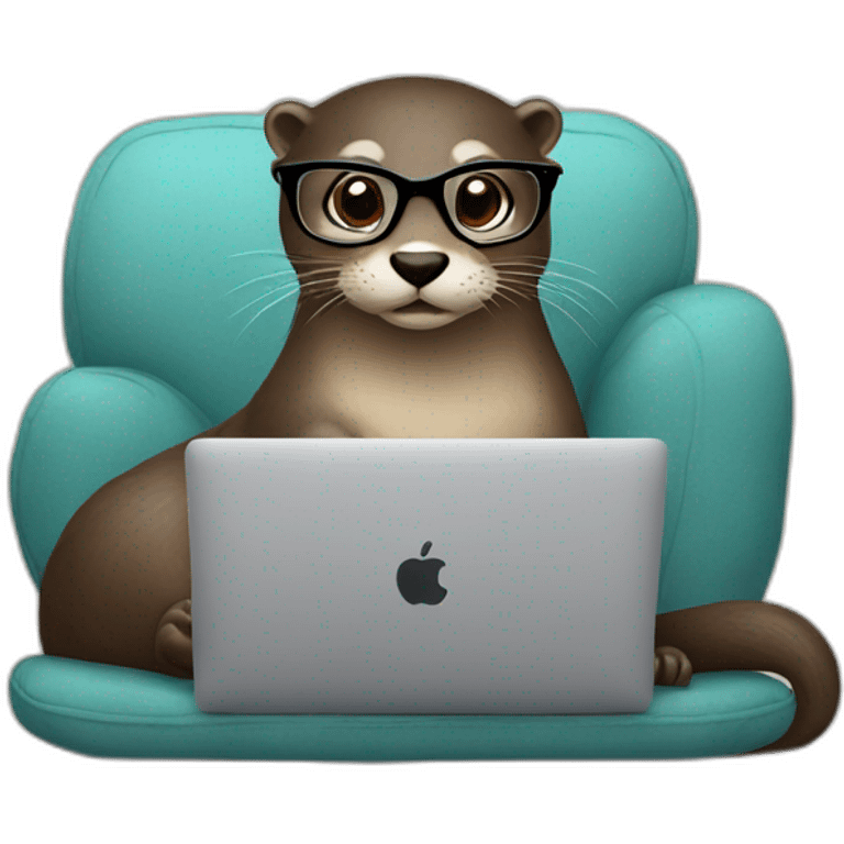 female otter with glasses use a macbook while seated against a pillow emoji