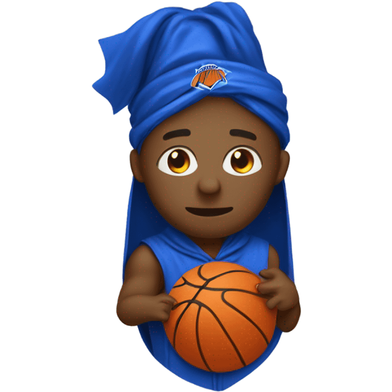 The Knicks with a blue and orange cape spinning a basketball on its head. emoji