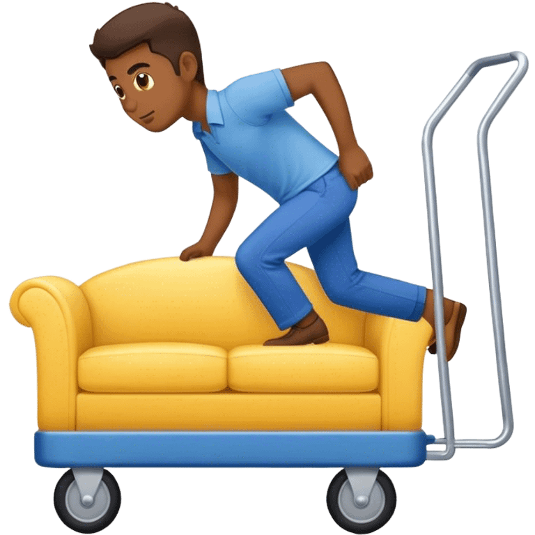 man in blue pants and yellow shirt moving a sofa on trolly emoji