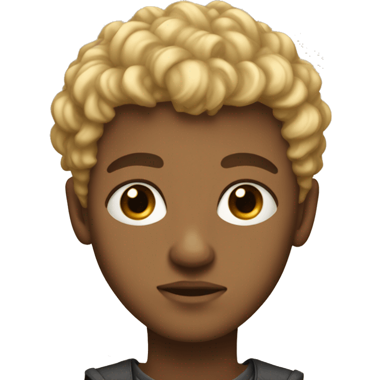 black eyes, very very curly blonde very short hair, boy, tan skin, serious face emoji