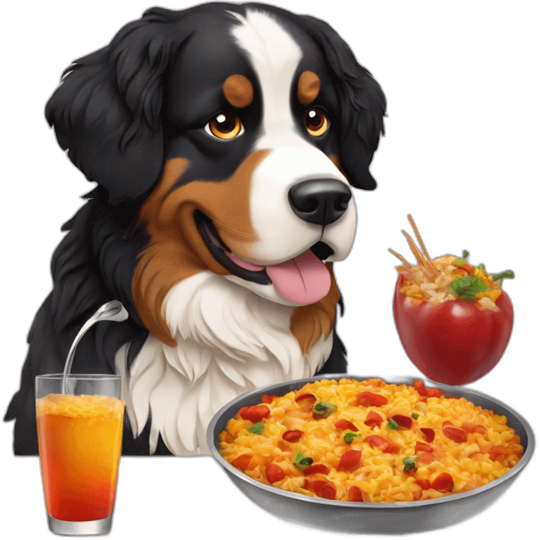 Bernese mountain dog eating a paella emoji