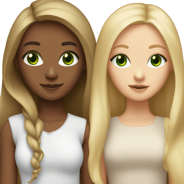 two besties with straight hair, one blonde with green eyes and one brunette with brown eyes  emoji