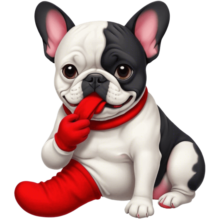 Black and white Bouledogue français eating a red sock  emoji