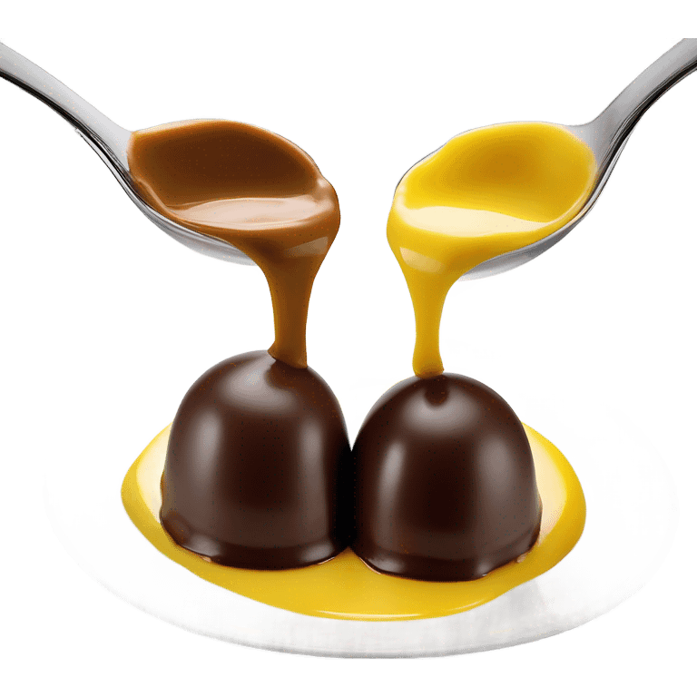 1 Chocolate quenelle and 1 vanilla quenelle on a fine dining glass plate with 3 small drops of yellow sauce as decoration emoji