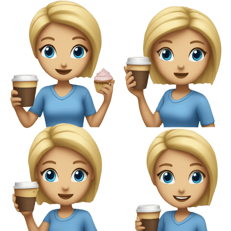 Blonde girl with blue eyes having a coffee and a muffin emoji