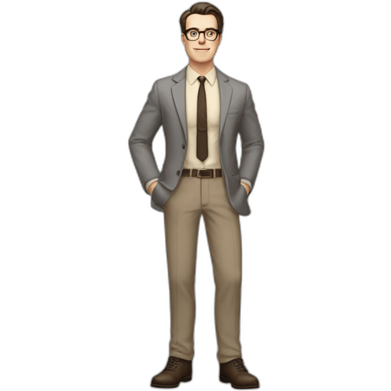 Full height Pale skinned Fit Man With dark brown hair in gray jacket, beige office shirt, tie, Brown pants and vintage glasses. Thrumbs of his palms directed up emoji