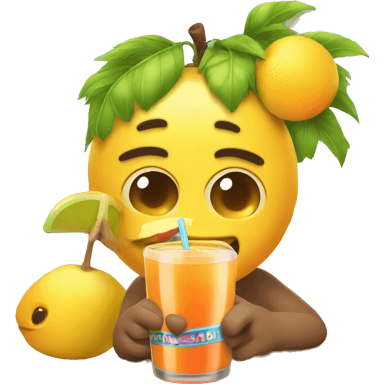 emoj having a holding fruits and drink a juice on a sunny day emoji