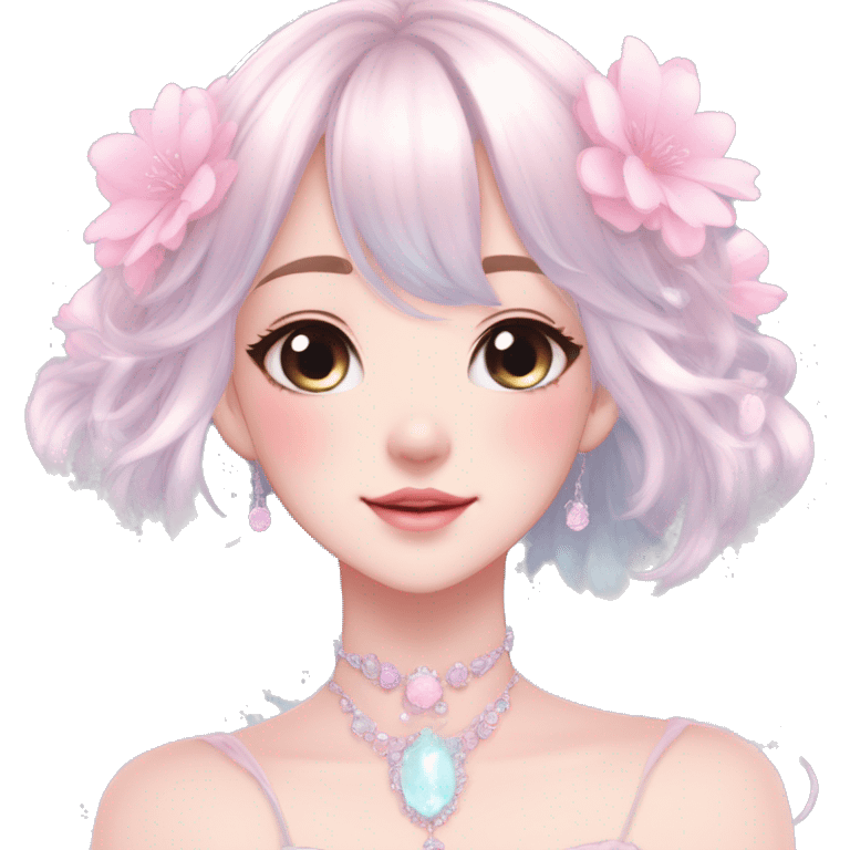 Dreamy pretty elegant kawaii shiny blushing shy anime pastel lady kawaii beautiful hair naturecore fairycore cottagecore jewels trending aesthetic full body emoji