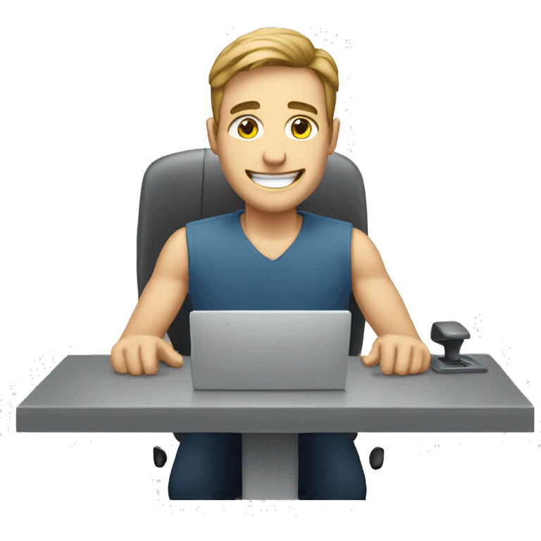 a white man work at desk see a monitor is smiling  emoji