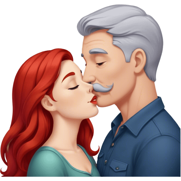 Long red hair woman kissing man with short gray hair and mustache emoji