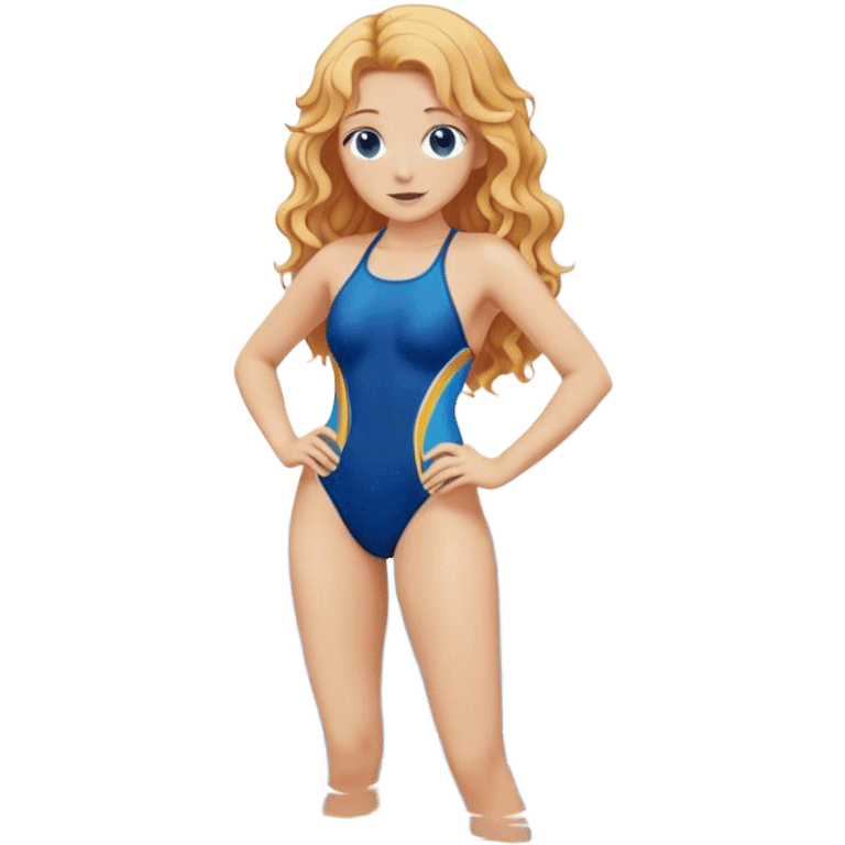 hot woman in blue swimming suit blond skin copper long semi  curly  hair full body  emoji