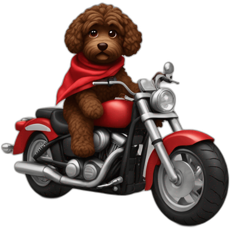 A chocolate brown doodle with wavy fur wearing a red and black handkerchief riding a motorcycle emoji