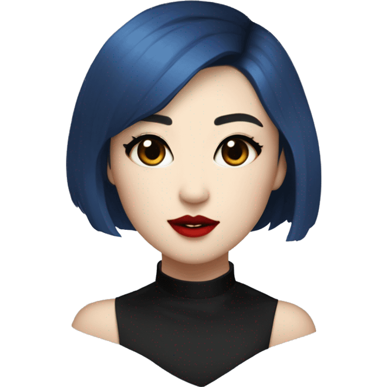 Dani Kim A Korean-white woman with short blue asymmetric bobbed hair, rounded heart-shaped face, red lipstick, black eyeliner and mascara wings, and black choker collar emoji