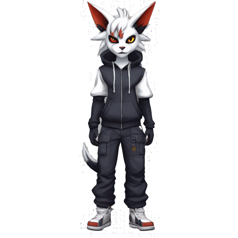 Cool Anthro Absol-Noivern-Litten-Lynx-Pokémon with edgy stripes hoodie spiked collar punk techwear Cargo Pants Full Body emoji